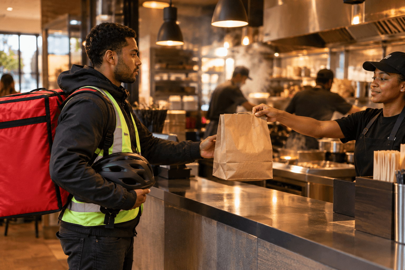 Delivery rider loading a paper bag and drinks into an insulated delivery backpack beside an e-bike